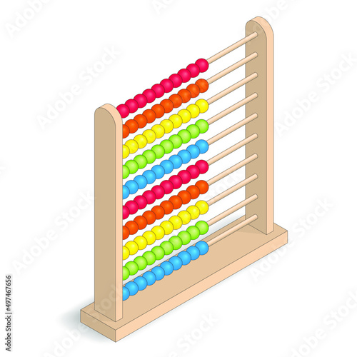 Wooden abacus with colored balls, isometric vector illustration.