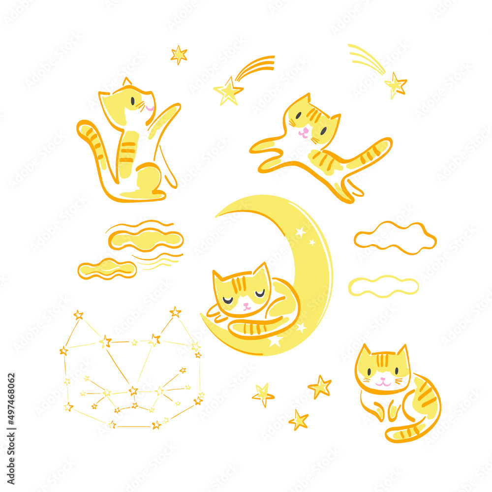 Cute cat play with fallen stars sleep on half moon run sit among clouds vector illustration set isolated on white. Childish felt pen hand drawn whimsy yellow kitten print collection for baby textile.