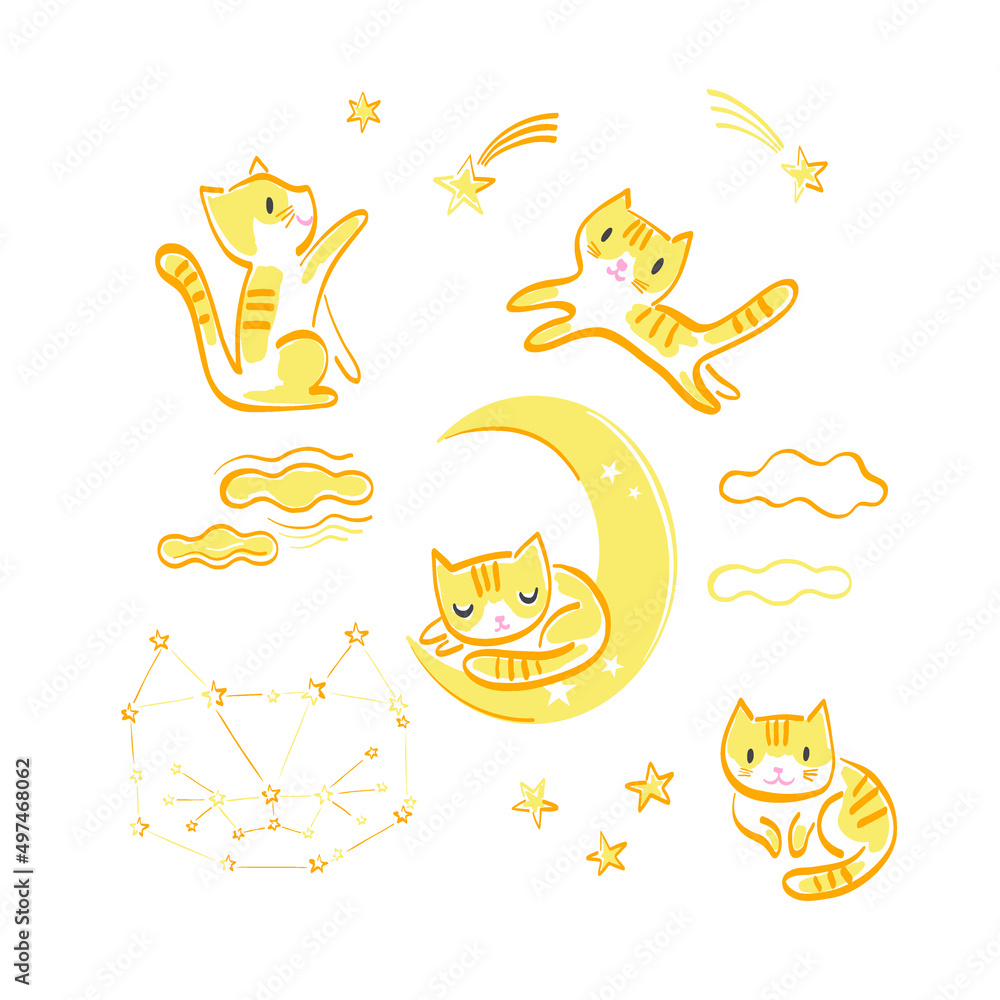Fototapeta premium Cute cat play with fallen stars sleep on half moon run sit among clouds vector illustration set isolated on white. Childish felt pen hand drawn whimsy yellow kitten print collection for baby textile.