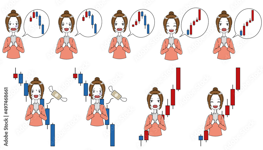 Fototapeta premium スマホを持った女性の高騰や暴落の投資イメージのイラストセット