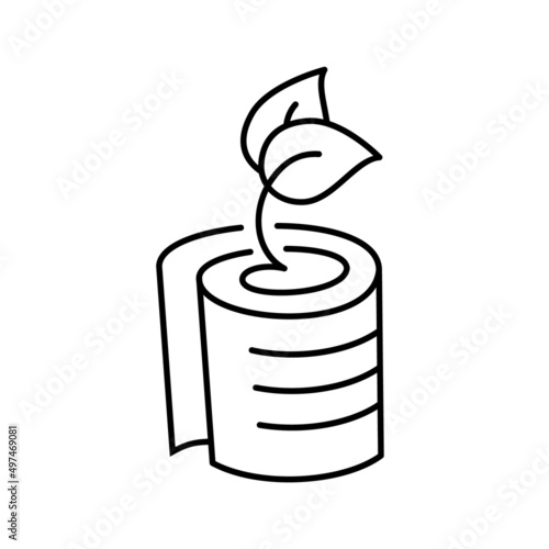 Recycled paper line icon. Organic paper product symbol. Roll of paper with leaves. 100% cellulose paper. Eco friendly industry. Plant in a pot made of newspapers. Vector illustration, flat, clip art. 