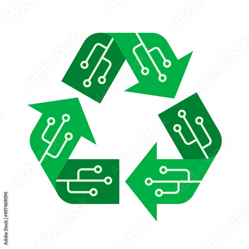 E-waste recycling concept. Recycle sign with microchip components. Reusable electronic trash. Refurbished computer industry product. Renewable discarded device. Vector illustration, flat, clip art.  photo