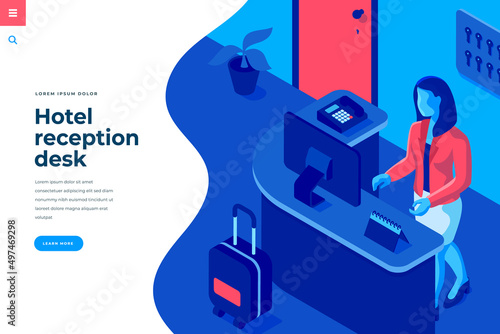 Hotel reception isometric vector illustration for landing page header template or web banner with copy space for text. Female character receptionist standing at reception and interact with computer.