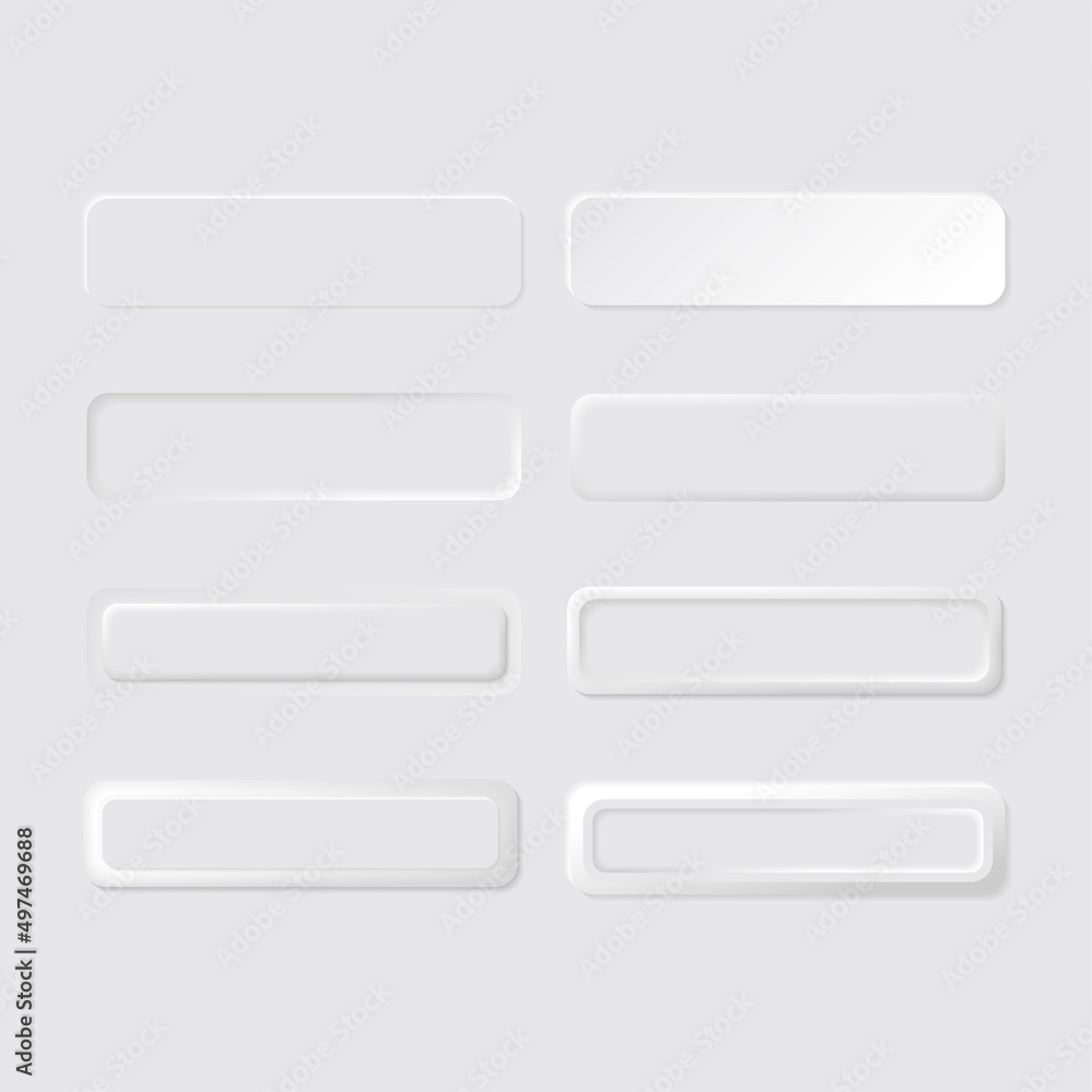  Rectangle 3D white vector web buttons. UI UX realistic user interface elements. Sliders for websites, mobile menu, navigation and apps. Neumorphism minimalism style.