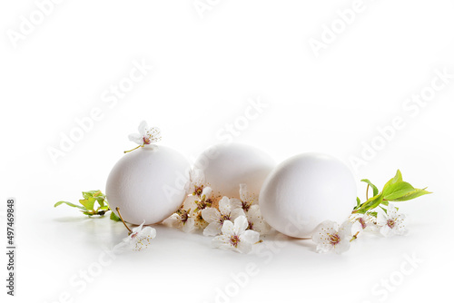 Three eggs and wild cherry flowers on a white background, light Easter greeting card with large copy space, selected focus