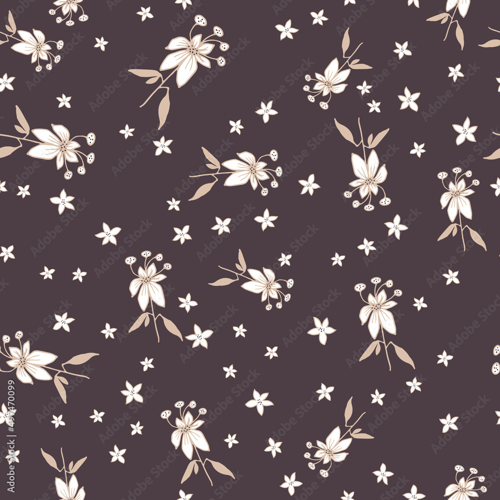 Vintage floral pattern. Seamless pattern with small white flowers on a branch, varied foliage on a brown background. Botanical print with autumn mood. Vector print