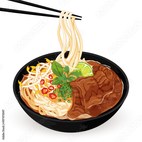 Chopsticks holding vietnamese noodles soup illustration vector. (Pho noodle soup)