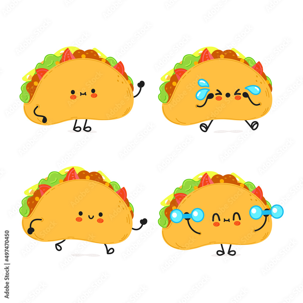 Funny cute happy taco characters bundle set. Vector hand drawn doodle style cartoon character illustration icon design. Cute taco mascot character collection