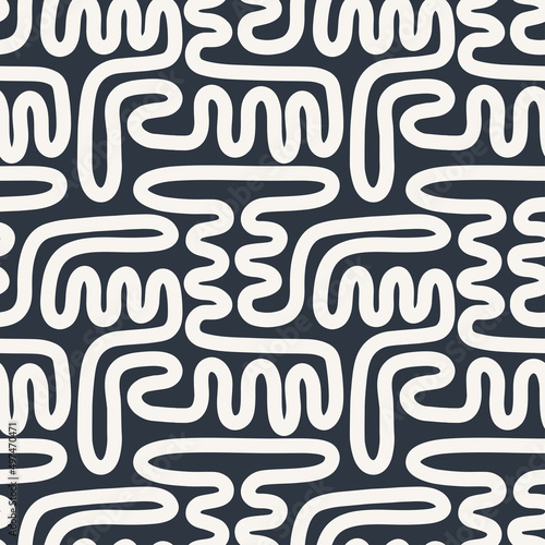 Endless maze seamless pattern with curved white lines on black background. High contrast modern eye catching vector design.