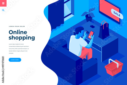 Online shopping isometric vector illustration for landing page header template or web banner with copy space for text. Man customer character buying and selling interact with smartphone.