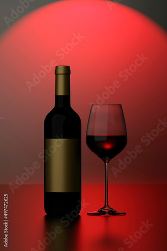 Image of a bottle of red wine with gold label and a full glass goblet in photo-realistic style on a red dark background. 3d illustration