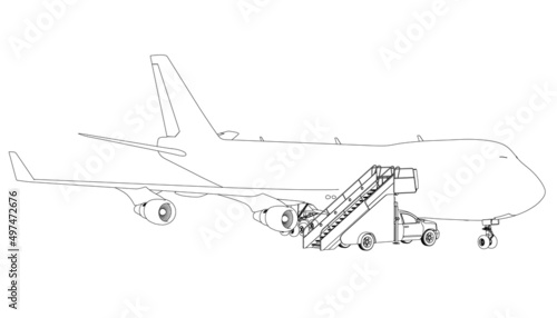 Outline of a passenger plane with a ladder from black lines isolated on a white background. Vector illustration