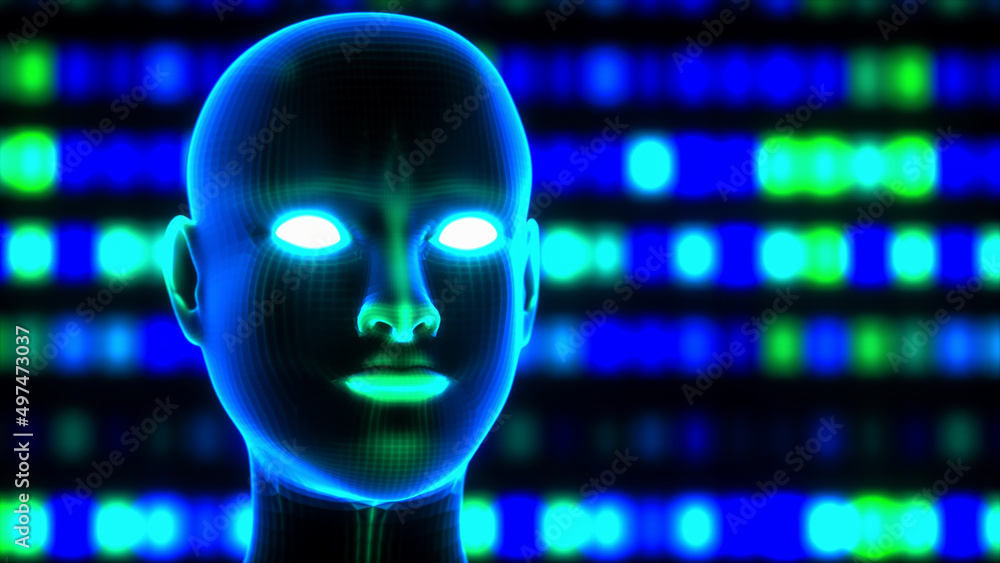 artificial intelligence in the form of a digital wireframe head (3d rendering) artificial intelligence in the form of a digital wireframe head (3d rendering)