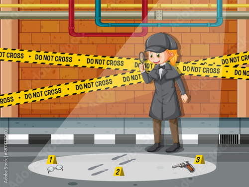 Detective looking for clues with magnifying glass in scene