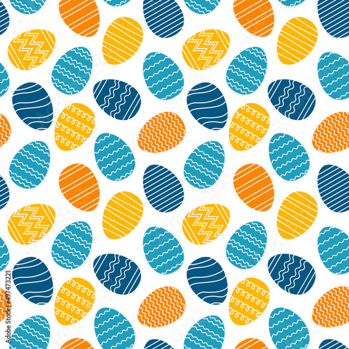 Seamless pattern of orange and blue Easter eggs on white background. Painted eggs with stripes, waves, zigzags. Spring holiday background. Vector Illustration