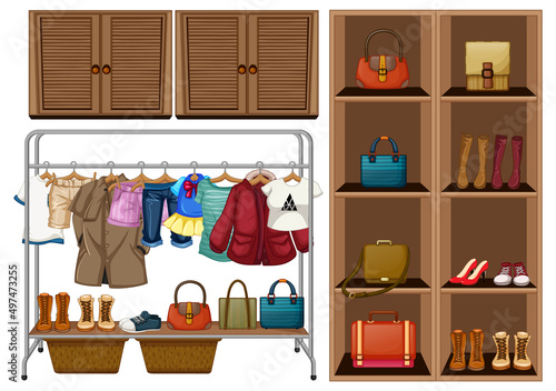 Many clothes and bags in closet