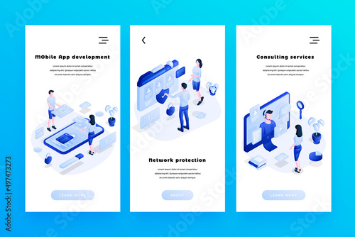 Vector web banners templates set with isometric people characters for websites, or mobile apps 3d isometric vector illustration. Mobile app, network protection and consulting services concepts.