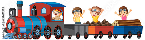 Children riding train with lumber
