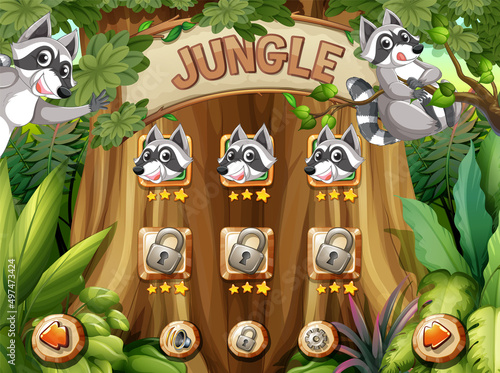 Game background template with raccoons in forest