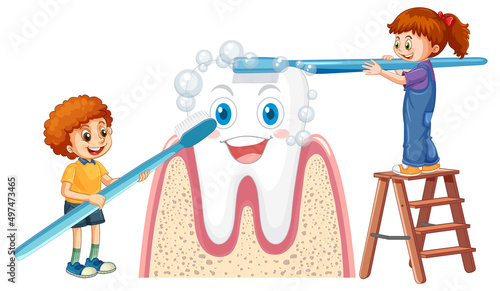 Happy kids brushing a big tooth with a toothbrush on white background