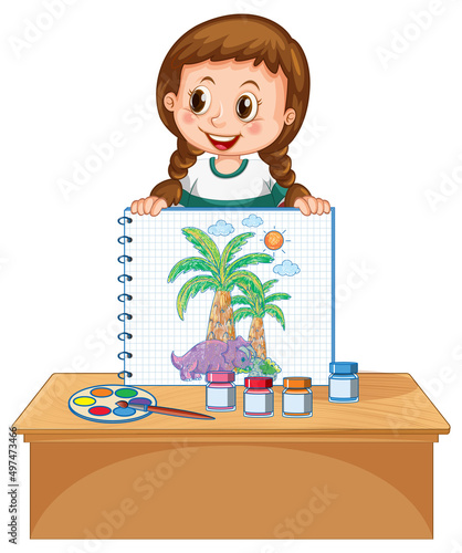 A girl holding notebook with a doodle sketch design on white background