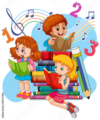 Three children are reading books on a stack of books