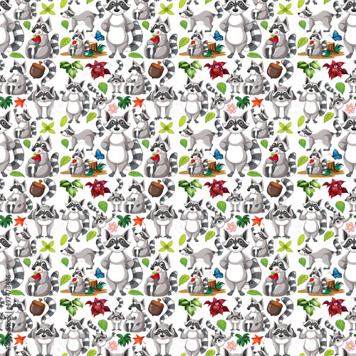 Seamless background with cute raccoons