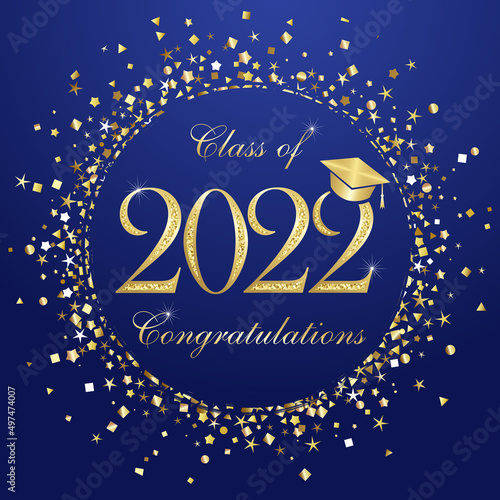 Educational awards concept. Class of 2022 year greetings. Class off event, shiny golden circle. Isolated abstract graphic design template. Decorative frame. Handwriting calligraphy. Science cylinder.