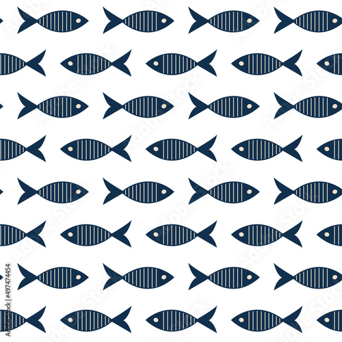 Seamless pattern with graphic fishes on a white background.