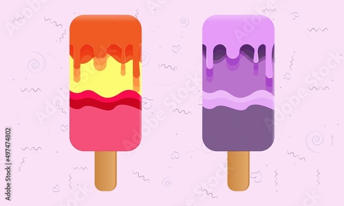 Two types of ice cream, multifruit assortment, labels, banner, poster, identity, branding. Purple and pink background with decorative lollipop design elements