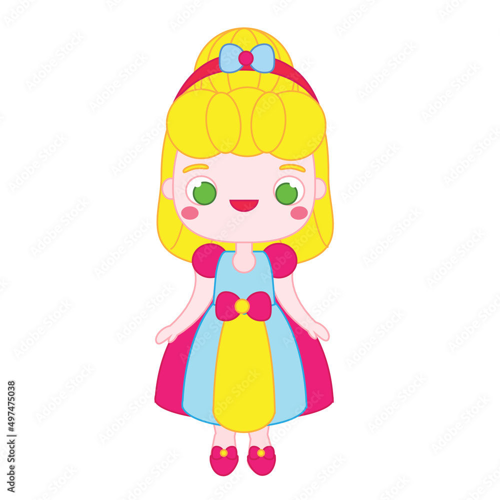 Cute princess character in beautiful dress. Cartoon kawaii style Cute princess character in beautiful dress. Cartoon kawaii style