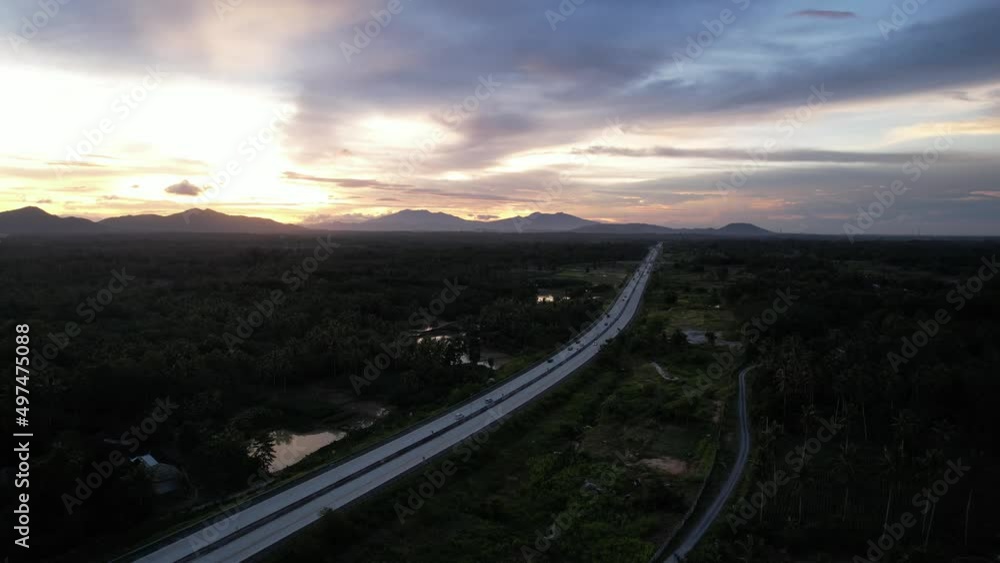 Scenic Aerial View of Trans Sumatera Toll Road in The Morning, Lampung Indonesia Scenic Aerial View of Trans Sumatera Toll Road in The Morning, Lampung Indonesia
