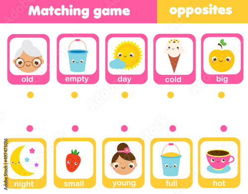 Matching game. Educational children activity. match opposites. Activity for pre scholl years kids and toddlers photo