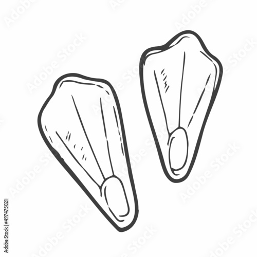 Diving flippers doodle style. Fins hand drawn isolated vector illustration. Professional swimming equipment
