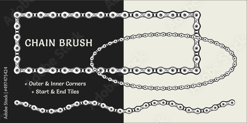 Bike chain pattern brush with corners, end and start tiles. For vintage design of logo, emblem, symbol, sign, badge, label, stamp. Monochrome design element.