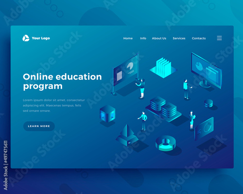 Online education program isometric landing page template. Global access to knowledge web banner. Self-study, e-learning opportunities. Internet education software promo website design layout