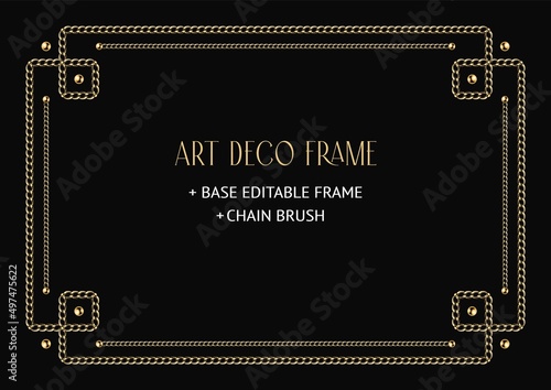 Art deco geometric frame made of golden chain and beads. Chain brush, base editable frame included. Vintage old antique elegant vector design with copy space.