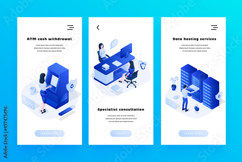 Automated banking system isometric smartphone interface banners templates set. ATM cash withdrawal. Data hosting services, information management. Specialist consultation homepage design layout