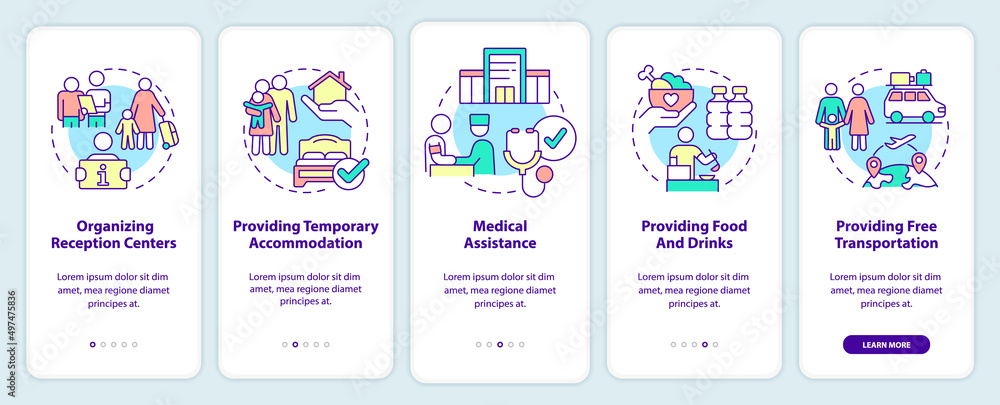 Government initiatives onboarding mobile app screen. Helping refugees walkthrough 5 steps graphic instructions pages with linear concepts. UI, UX, GUI template. Myriad Pro-Bold, Regular fonts used Government initiatives onboarding mobile app screen. Helping refugees walkthrough 5 steps graphic instructions pages with linear concepts. UI, UX, GUI template. Myriad Pro-Bold, Regular fonts used
