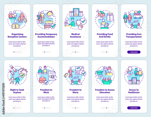 Helping refugees onboarding mobile app screen set. Governmental support walkthrough 5 steps graphic instructions pages with linear concepts. UI, UX, GUI template. Myriad Pro-Bold, Regular fonts used
