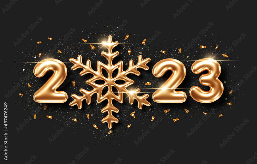 2023 New Year card template with golden decorative snowflake and glittering numbers 2023 New Year card template with golden decorative snowflake and glittering numbers