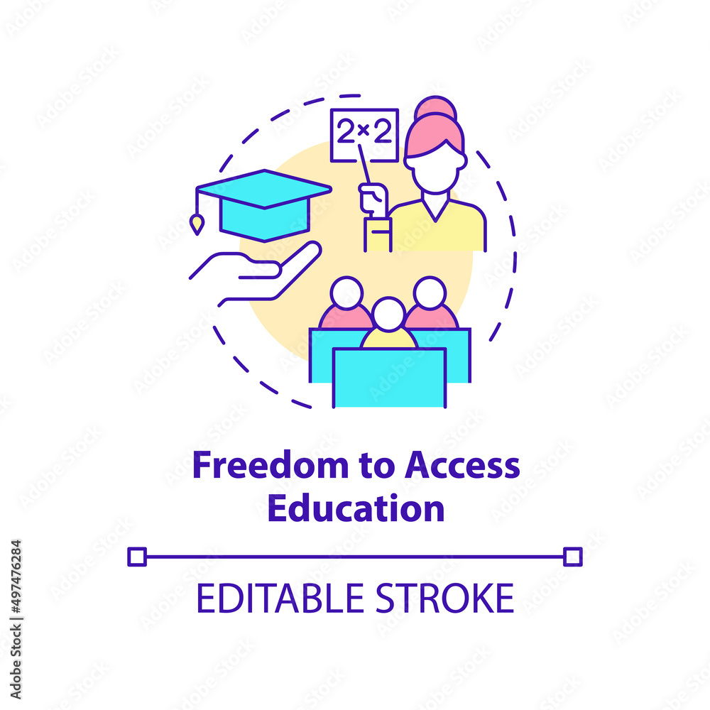 Freedom to access education concept icon. Obtain knowledge. Refugee right abstract idea thin line illustration. Isolated outline drawing. Editable stroke. Arial, Myriad Pro-Bold fonts used Freedom to access education concept icon. Obtain knowledge. Refugee right abstract idea thin line illustration. Isolated outline drawing. Editable stroke. Arial, Myriad Pro-Bold fonts used