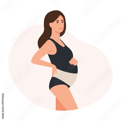 Pregnant woman dresses bandage on belly. Orthopedic abdominal support belt. Vector illustration
