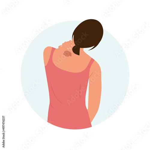 Woman with  dark brown pigment spot on skin. Melanoma, dermatology, mole screening, birthmark. Dermatology, cosmetology concept.World Melanoma Day. Vector illustration