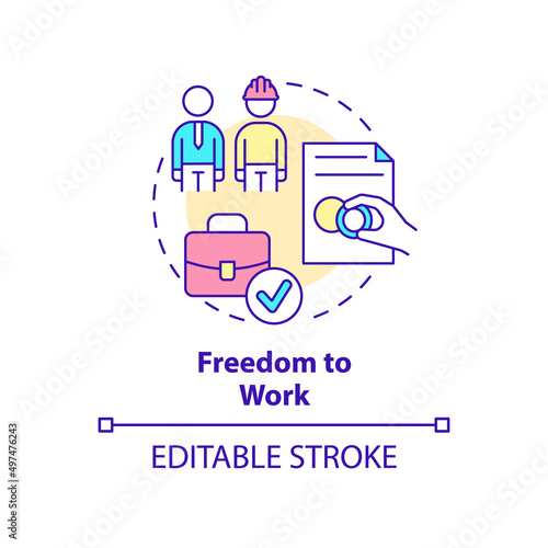 Freedom to work concept icon. Employment assistance. Refugee right abstract idea thin line illustration. Isolated outline drawing. Editable stroke. Arial, Myriad Pro-Bold fonts used