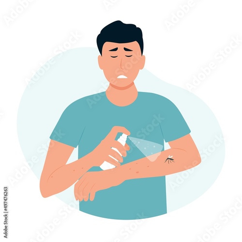 Stressed young man spraying insect repellent on his hand. Application of mosquito spray. Vector illustration