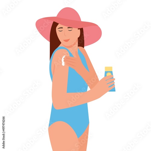 Beauty woman in hat and swimsuit apply suncream to shoulder. A sunscreen in hand.The concept of beauty and health protection skin. Vector illustration isolated on white background