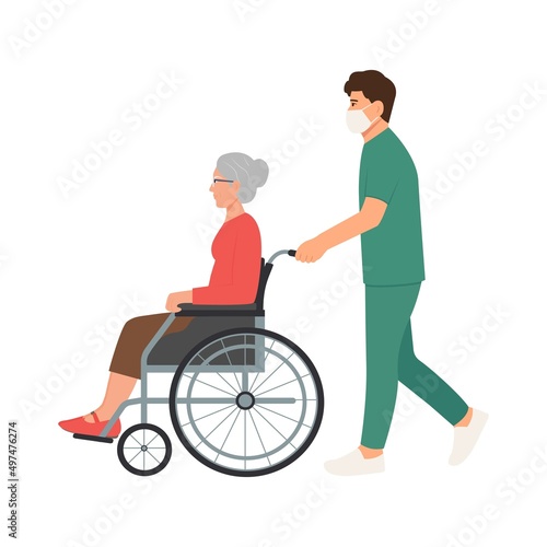Health professional with wheelchair patient. Healthcare worker is transporting elderly woman. Medicine, healthcare concept. Vector flat style  illustration isolated on white background.