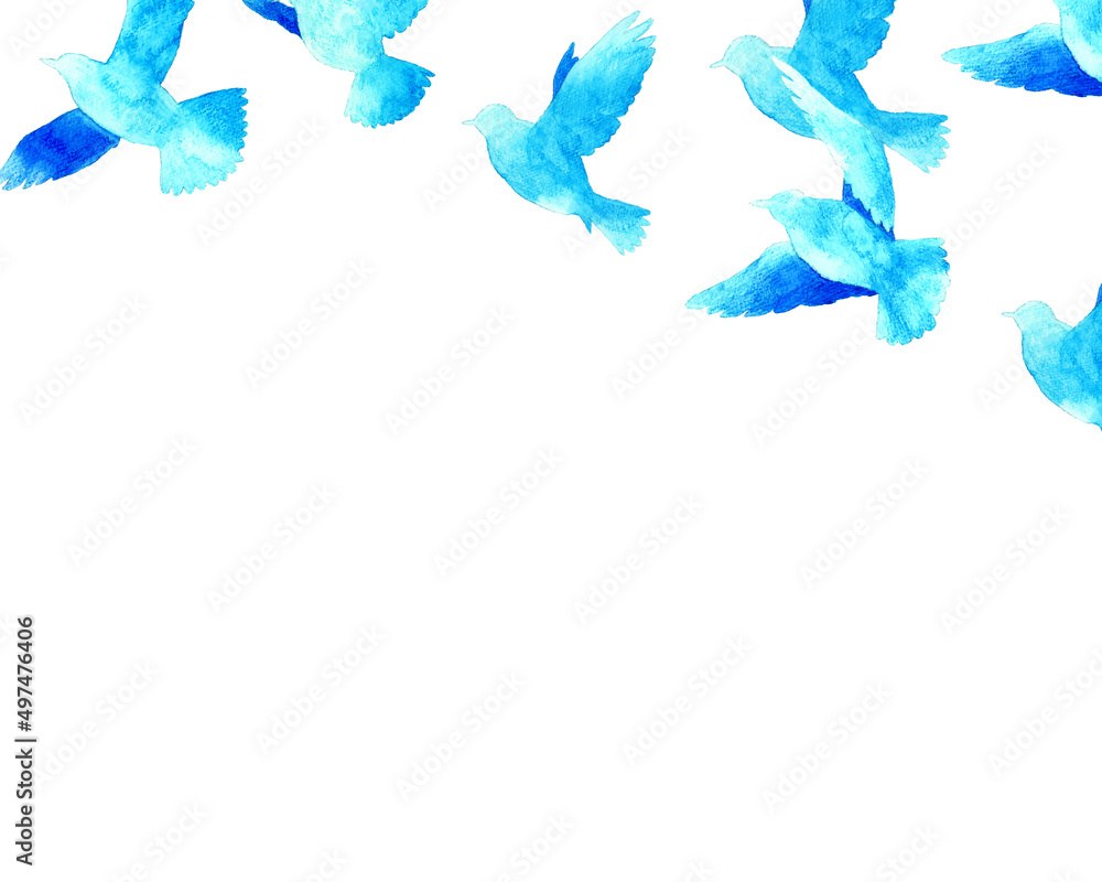 飛ぶ青い鳥シルエット　羽ばたく鳥の手描き水彩イラスト背景素材