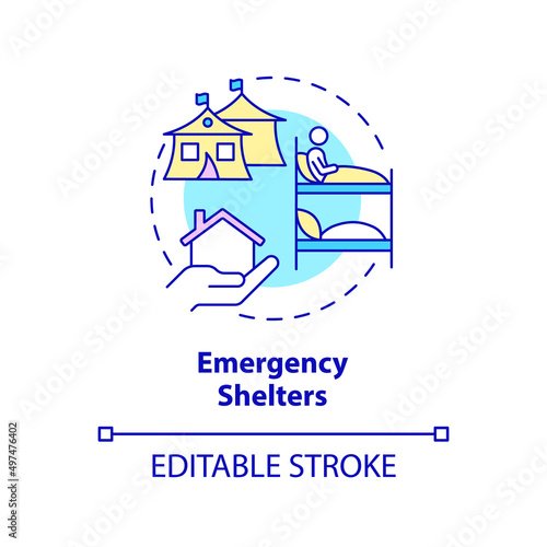 Emergency shelter concept icon. Temporary living space. Way to help refugees abstract idea thin line illustration. Isolated outline drawing. Editable stroke. Arial, Myriad Pro-Bold fonts used